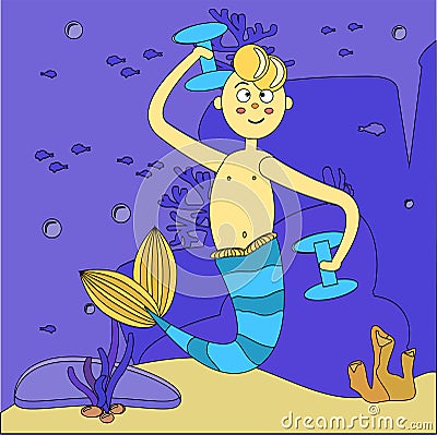Seascape. Cartoon mermaid guy playing sports underwater. A man with a tail, dumbbells. Bubbles, fish, rocks and algae. Vector Illustration