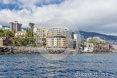 Seascape coastline Madeira with several modern Hotels of Funchal Stock Photo