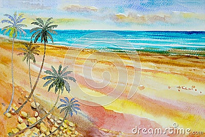 Seascape colorful of beauty beach wave in summery. Cartoon Illustration