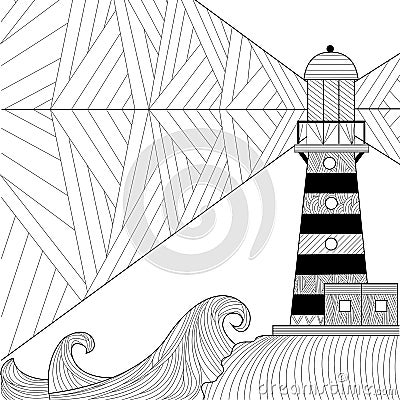 Seascape coloring book for adult, anti stress coloring raster Stock Photo