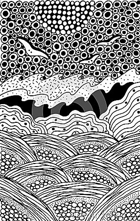 Seascape coloring page for adults. Psychedelic doodle line art. Seagulls in the sky. Ocean waves. Vector illustration Vector Illustration