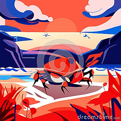 Seascape with a crab on the seashore. Vector illustration generative AI Vector Illustration