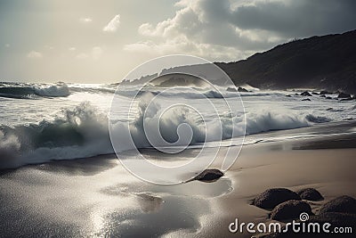 seascape with crashing waves on a windswept beach Stock Photo