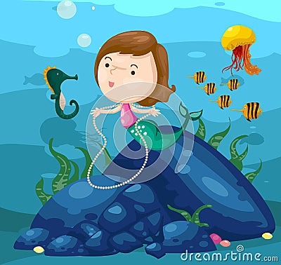 Seascape cute mermaid underwater Vector Illustration