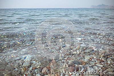 Seascape, evening scenery with moon horizon line. Water reflection, ocean background, aqua surface.Clear sea without Stock Photo