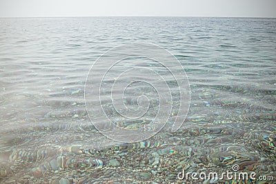 Seascape, evening scenery with moon horizon line. Water reflection, ocean background, aqua surface.Clear sea without Stock Photo