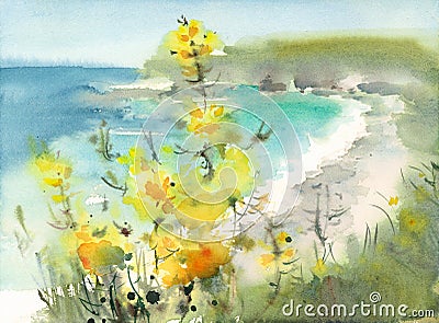 Seascape with Flowers Watercolor Nature Illustration Hand Painted Stock Photo