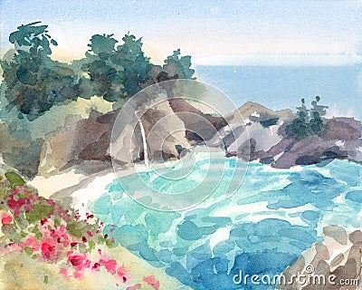 Seascape with Flowers and Waterfall Watercolor Nature Illustration Hand Painted Stock Photo