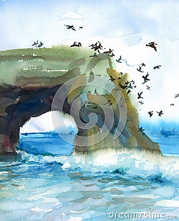 Seascape with Flying Pelicans Birds Watercolor Nature Illustration Hand Painted Stock Photo