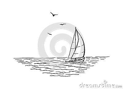 Seascape. Landscape, sea, sailboat, seagulls. Hand drawn illustration converted to vector Vector Illustration