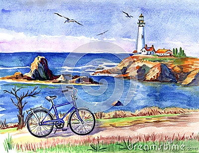 Seascape with a lighthouse and a bicycle, watercolor painting Cartoon Illustration