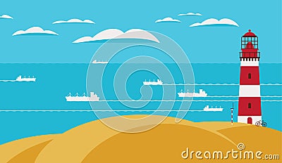 Seascape with lighthouse on the hill and ships Vector Illustration