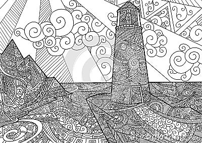 Seascape line art design for coloring book for adult, anti stress coloring Vector Illustration