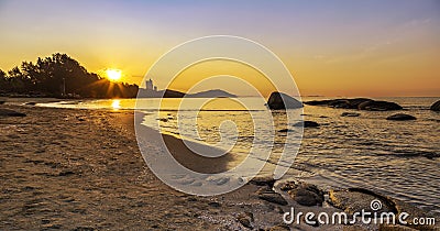 Seascape of Mae Pim beach during sunrise in Rayong pro Stock Photo