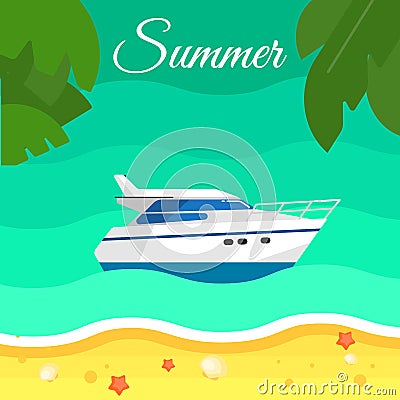 Seascape with Motor Speedboat in Water. Vector Illustration