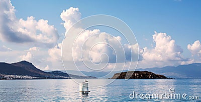 Seascape mountains with beautiful sky in white clouds. Stock Photo