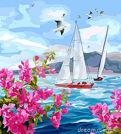 Seascape with mountains, yachts and flowers. Vector Illustration