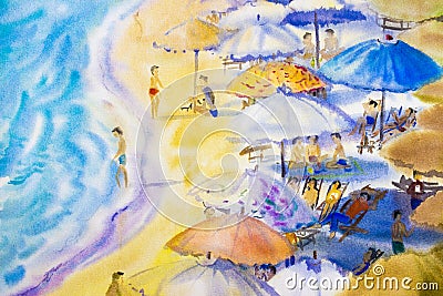 Seascape painting colorful of couple family vacation and tourism. Stock Photo