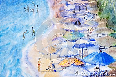 Seascape painting colorful of family vacation and tourism. Stock Photo