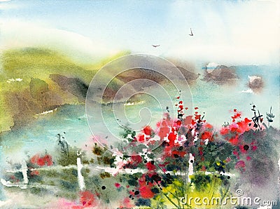 Seascape with Red Flowers Watercolor Nature Illustration Hand Painted Stock Photo