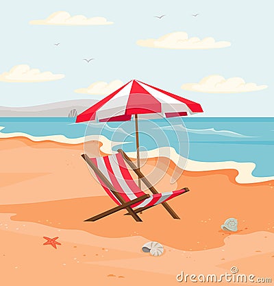 Seascape with resting place for tourists. Empty sun loungers and umbrella, on hot sand near ocean Vector Illustration