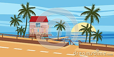 Seascape, road, house Vector Illustration