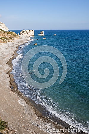 Seascape of the Rock of Aphrodite coast, at Paphos in Cyprus Stock Photo
