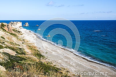 Seascape of the Rock of Aphrodite coast, at Paphos in Cyprus Stock Photo