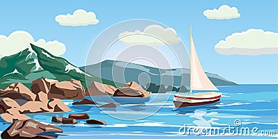 Seascape, rocks, cliffs, a yacht under sail, ocean Vector Illustration