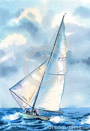 Boat at the sea. Watercolor hand drawn illustration Seascape with sailboat. Cartoon Illustration