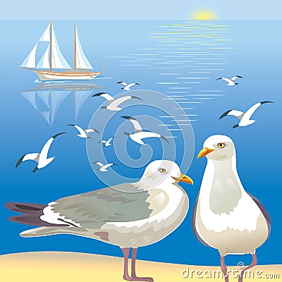 Seascape with seagulls Vector Illustration