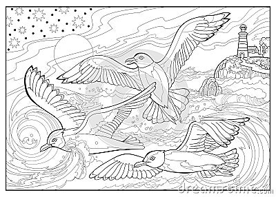 Seascape with seagulls flying between the waves. Coloring book for children and adults. Image in zentangle style. Printable page Vector Illustration