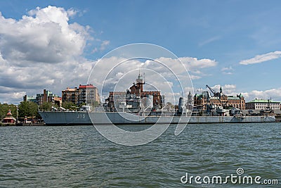 Seascape side view of an old moored Swedish warship at the Naval Maritiman Museum in Gothenburg Sweden. Editorial Stock Photo