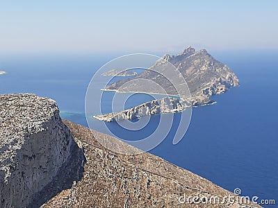 Seascape with a small island to Amorgos in the Cyclade Islands in Greece. Stock Photo