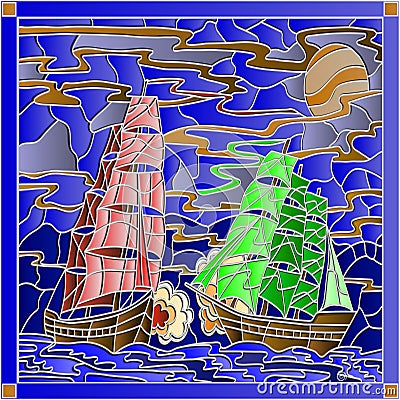 Seascape in the stained glass style with the battle of sailing ships Vector Illustration