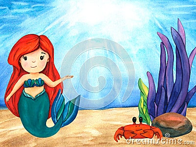 Seascape, stones, cute mermaid, crab and violet seaweed. Seabed ocean, underwater landscape background with sunshine Cartoon Illustration