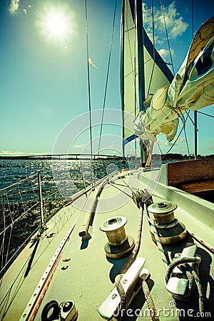 Seascape and sun on sky. View from yacht deck. Travel tourism. Stock Photo