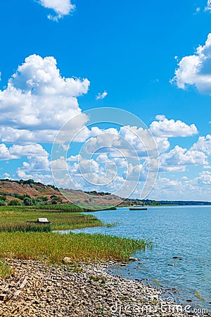 Seascape on a sunny summer day: rocky seashore with reeds, hills, blue sky with cumulus clouds Stock Photo