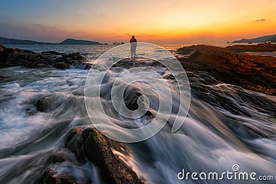 Seascape during sunrise. Beautiful natural summer seascape Stock Photo