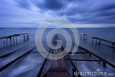 Seascape during sunset. Beautiful natural seascape, blue hour. Sea sunset at the Black Sea coast. Stock Photo