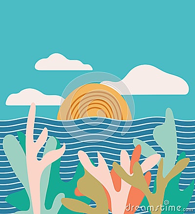 Seascape sunset. Summer ocean abstract illustration Cartoon Illustration