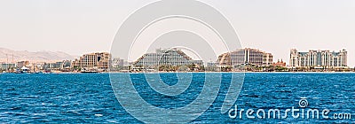 Seascape view from the Red sea on the famous hotels on Eilat beach, southern resort in Israel Editorial Stock Photo