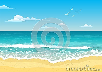 Seascape with waves, cloudy sky and seagulls. Tourism and travelling. Vector Illustration