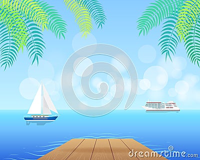 Seascape with White Cruise Liner and Blue Sailboat Vector Illustration