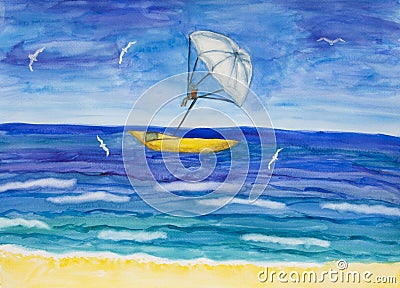 Seascape with white parachute and boat, watercolor painting Stock Photo