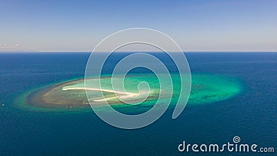 Seascape, white sand island..Atoll near the island of Camiguin, Philippines, aerial view. Stock Photo