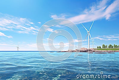 Seascape with Wind Turbine Utilizing Wind Power for Clean Energy Stock Photo