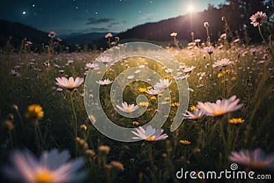 Enchanting Moonlit Meadow - the daisies - AI generated image Stock Photo