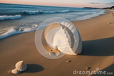 A seashell on a beach at sunrise Stock Photo