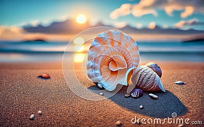 A seashell on the beach at sunset, Still life, Minimalist, Generative Ai Stock Photo